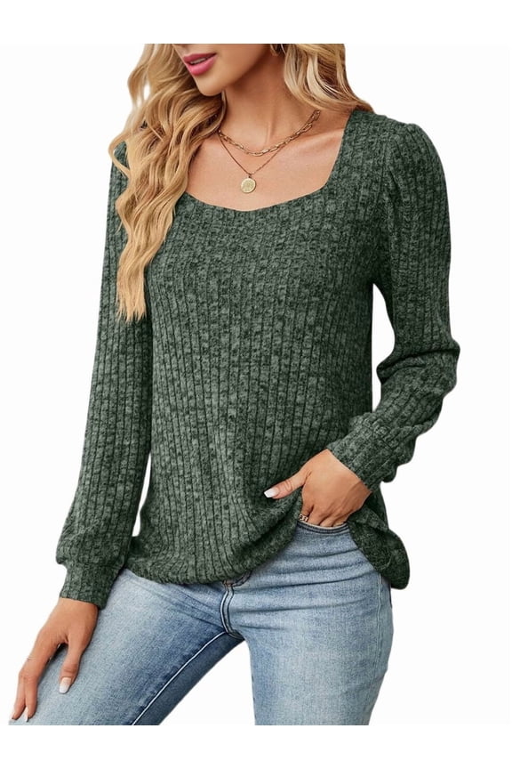 Womens Long Sleeve Ribbed Knit Tops Loose Fit Soft Plain Basic Square Neck Casual Knitwear Sweater Blouses Green M