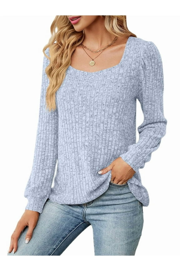 Womens Long Sleeve Ribbed Knit Tops Loose Fit Soft Plain Basic Square Neck Casual Knitwear Sweater Blouses Light Blue M