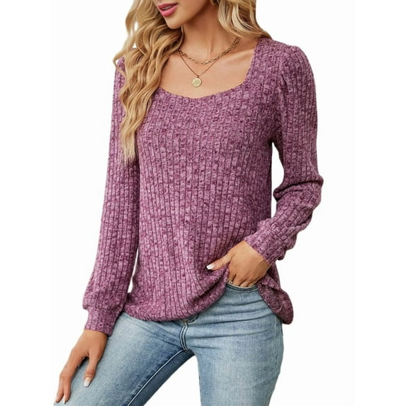 Womens Long Sleeve Ribbed Knit Tops Loose Fit Soft Plain Basic Square Neck Casual Knitwear Sweater Blouses Red S
