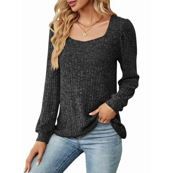 Womens Long Sleeve Ribbed Knit Tops Loose Fit Soft Plain Basic Square Neck Casual Knitwear Sweater Blouses