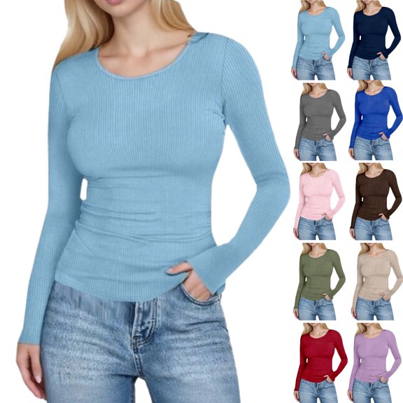 Womens Long Sleeve Ribbed Tops Fitted Stretch Basic Tee Shirts Casual Crewneck Tight Layering 2026 Fall Fashion,Light Blue M