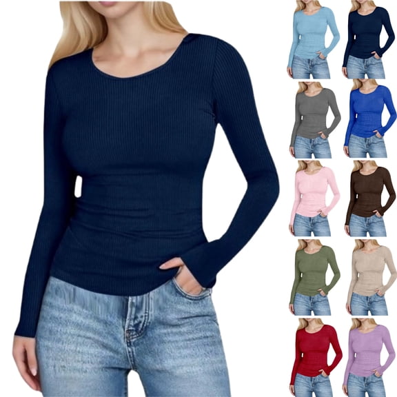 Womens Long Sleeve Ribbed Tops Fitted Stretch Basic Tee Shirts Casual Crewneck Tight Layering 2026 Fall Fashion,Navy M