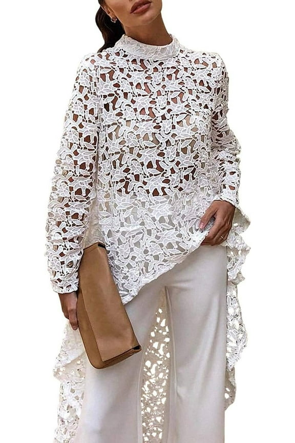 Womens Long Sleeve Round Neck High Low Asymmetrical Irregular Hem Tops