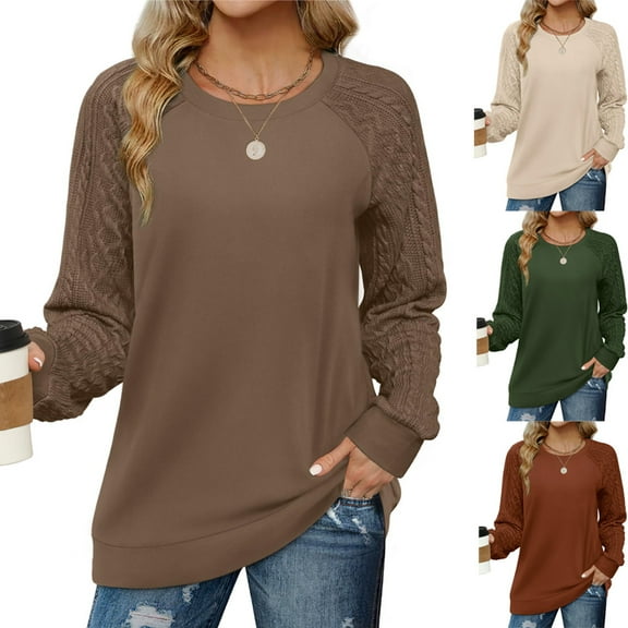 Womens Long Sleeve Round Neck Shirts Fall Fashion Oversized Sweatshirt Tunic Tops to Wear with Leggings Crewneck Cable Knit Sleeve Sweaters Lightweight