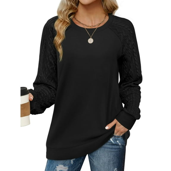Womens Long Sleeve Round Neck Shirts Fall Fashion Oversized Sweatshirt Tunic Tops to Wear with Leggings Crewneck Cable Knit Sleeve Sweaters Lightweight