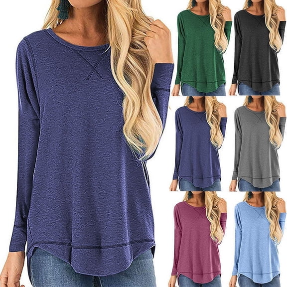 Womens Long Sleeve Round Neck Shirts Loose Fit Crewneck Sweatshirt Casual Pullover Curved Hem Tee Shirts Knit Tunic Tops Basic T Shirts Tees