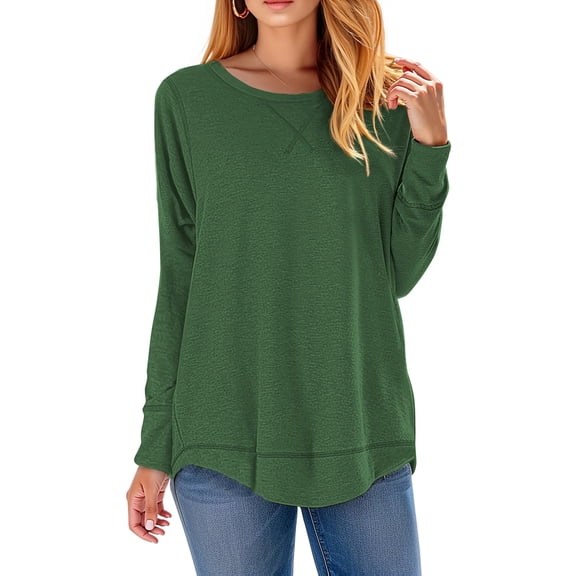 Womens Long Sleeve Round Neck Shirts Loose Fit Crewneck Sweatshirt Casual Pullover Curved Hem Tee Shirts Knit Tunic Tops Basic T Shirts Tees