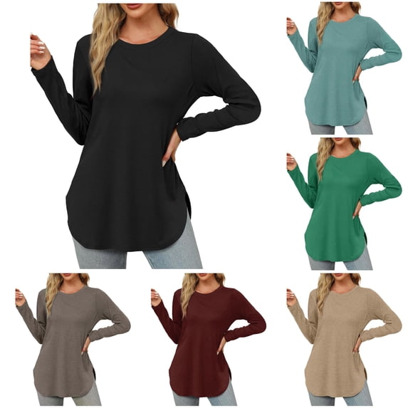 Womens Long Sleeve Round Neck Shirts Side Split Basic Loose Tunic Tops Casual Long T Shirts for Leggings for Women 2XL