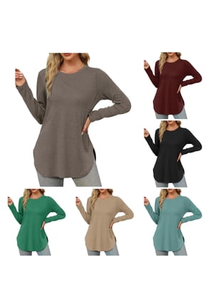 Womens Long Sleeve Round Neck Shirts Side Split Basic Loose Tunic Tops Casual Long T Shirts for Leggings for Women L