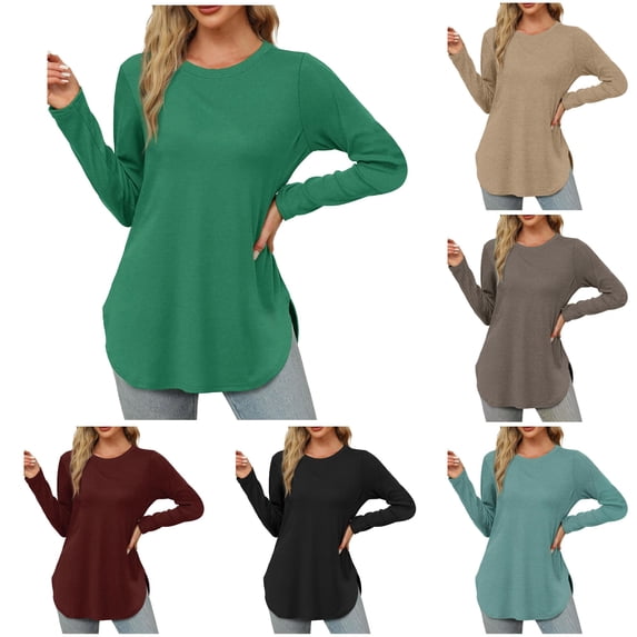 Womens Long Sleeve Round Neck Shirts Side Split Basic Loose Tunic Tops Casual Long T Shirts for Leggings for Women M