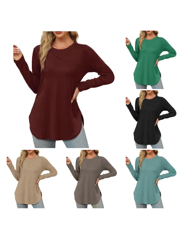 Womens Long Sleeve Round Neck Shirts Side Split Basic Loose Tunic Tops Casual Long T Shirts for Leggings for Women S