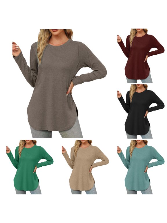 Womens Long Sleeve Round Neck Shirts Side Split Basic Loose Tunic Tops Casual Long T Shirts for Leggings for Women XL