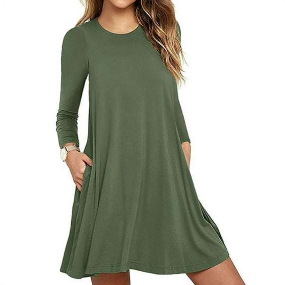 Womens Long Sleeve Round Neck Solid Color Pleated Swing Casual Dress With Pockets