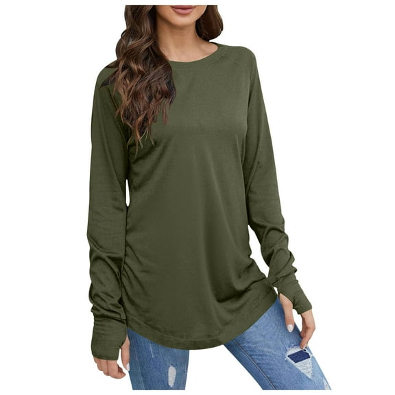 Womens Long Sleeve Round Neck Thumbhole Tunic Shirt - Polyester, Solid Color, Casual Sports - S-XXL