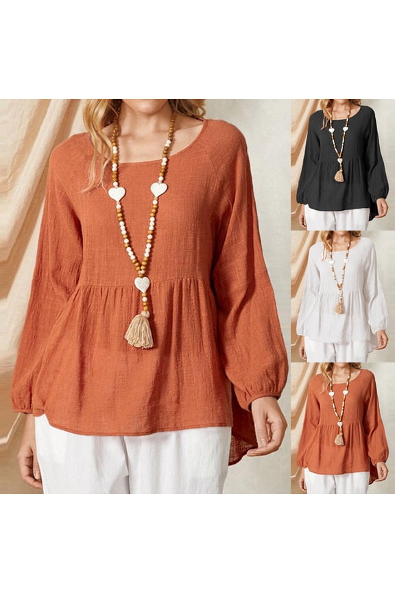 Womens Long Sleeve Round-neck Basic Shirts Casual Solid Plus Size Price Reduction Alert 50% Off!