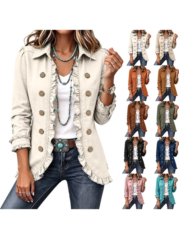 Womens Long Sleeve Ruffle Button Front Cardigan Jacket Lightweight Open Front Layered Top Structured Collar Casual Outerwear Fall Jackets for Women
