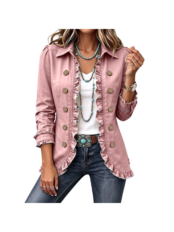 Womens Long Sleeve Ruffle Button Front Cardigan Jacket Lightweight Open Front Layered Top Structured Collar Casual Outerwear Fall Jackets for Women Pink M
