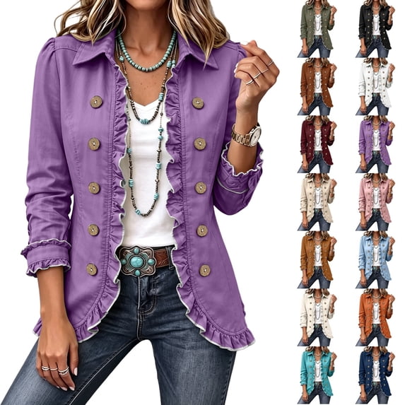 Womens Long Sleeve Ruffle Button Front Cardigan Jacket Lightweight Open Front Layered Top Structured Collar Casual Outerwear Fall Jackets for Women