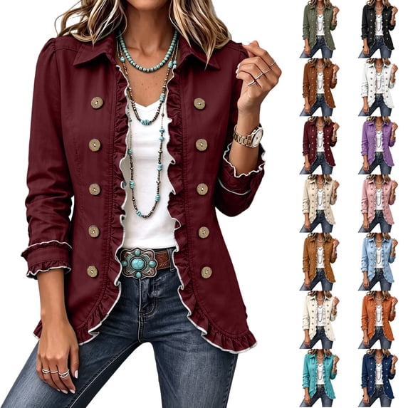 Womens Long Sleeve Ruffle Button Front Cardigan Jacket Lightweight Open Front Layered Top Structured Collar Casual Outerwear Fall Jackets for Women