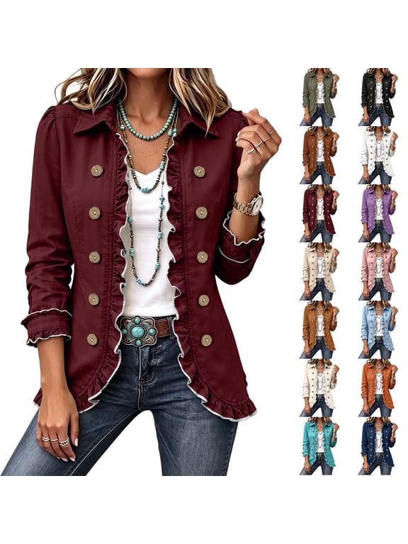 Womens Long Sleeve Ruffle Button Front Cardigan Jacket Lightweight Open Front Layered Top Structured Collar Casual Outerwear Fall Jackets for Women