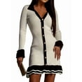 thumbnail image 1 of Womens Long Sleeve Ruffle Hem Knit Sweater Dress Collared Back Tie Knot Cut Out Mini Bodycon Dress Black & White XL, 1 of 9