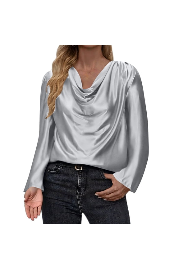 Womens Long Sleeve Satin Silk Button Down Shirts Casual Work Business Smooth Blouse Gray XXL