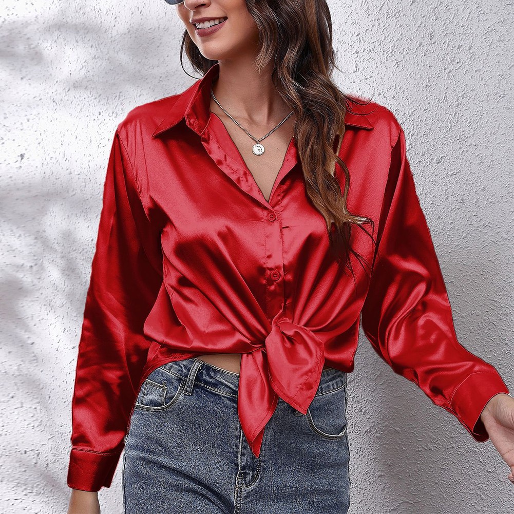Womens Long Sleeve Satin Silk Shirt Ladies Baggy Solid Buttonup OL
