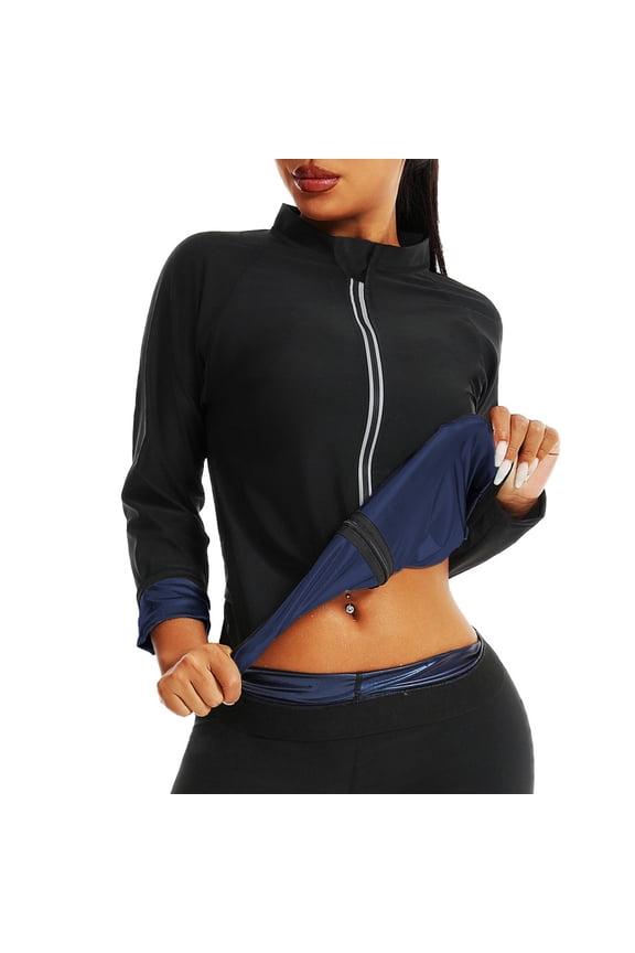 Womens Long Sleeve Sauna Sweat Jackets Full Zip Stand Collar Tops Casual Stretch Slimm Shirts Workout Gym Blouses Jackets