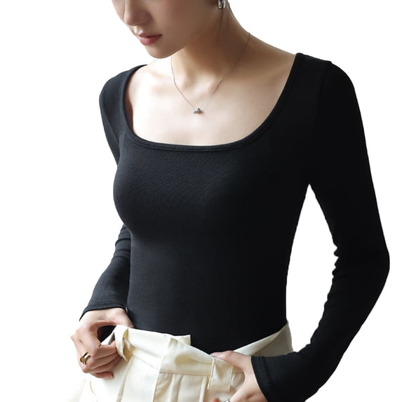 Womens Long Sleeve Scoop Neck Basic Solid Slim fit Tee Shirt Top-black-XXL