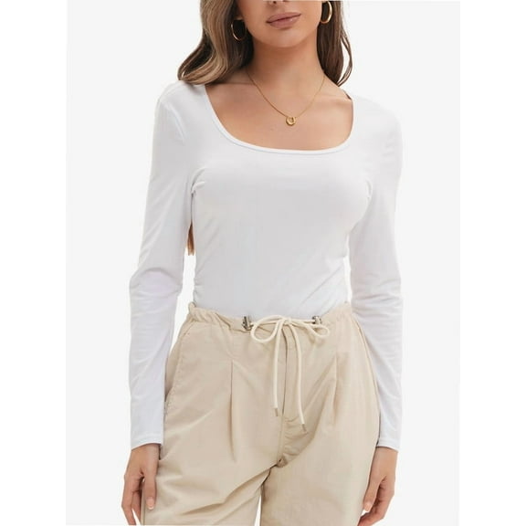 Womens Long Sleeve Scoop Neck Ribbed Knit Fitted Casual Tops Tee Slim Basic Shirts