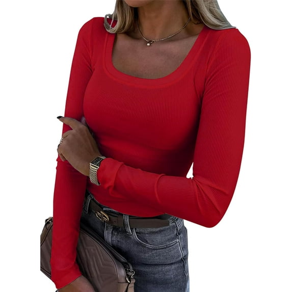 Womens Long Sleeve Scoop Neck Ribbed Knit Fitted Casual Tops Tee Slim Basic Shirts