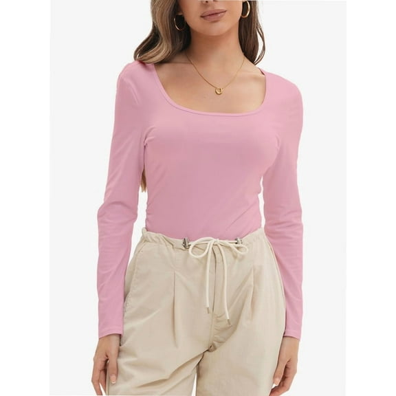 Womens Long Sleeve Scoop Neck Ribbed Knit Fitted Casual Tops Tee Slim Basic Shirts