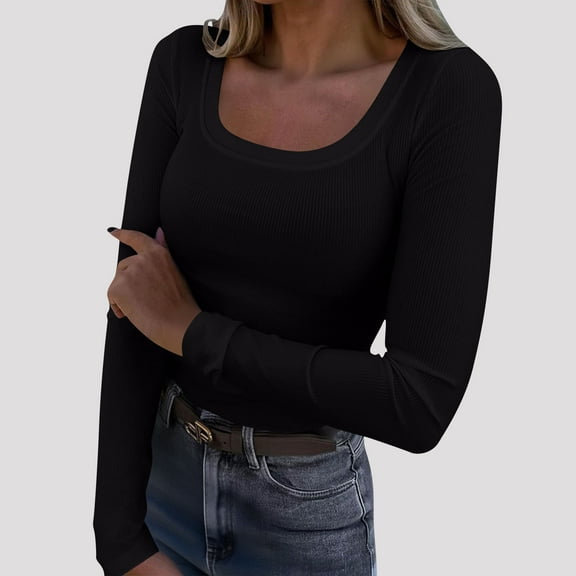 Womens Long Sleeve Scoop Neck Ribbed Knit Fitted Casual Tops Tee Slim Basic Shirts
