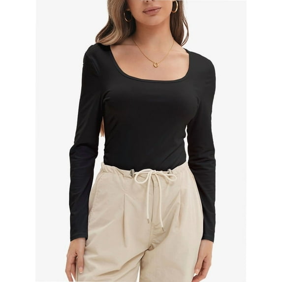 Womens Long Sleeve Scoop Neck Ribbed Knit Fitted Casual Tops Tee Slim Basic Shirts