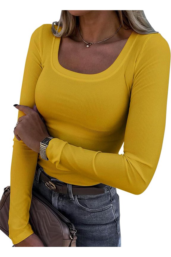 Womens Long Sleeve Scoop Neck Ribbed Knit Fitted Casual Tops Tee Slim Basic Shirts