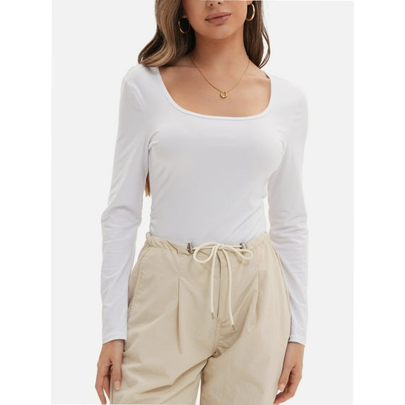 Womens Long Sleeve Scoop Neck Ribbed Knit Fitted Casual Tops Tee Slim Basic Shirts