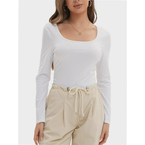 Womens Long Sleeve Scoop Neck Ribbed Knit Fitted Casual Tops Tee Slim Basic Shirts