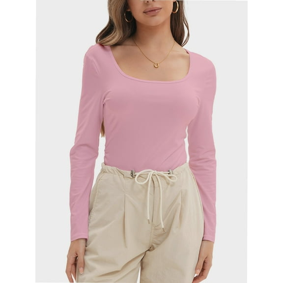 Womens Long Sleeve Scoop Neck Ribbed Knit Fitted Casual Tops Tee Slim Basic Shirts