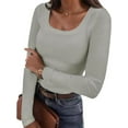 thumbnail image 1 of Womens Long Sleeve Scoop Neck Shirts Knit Tops Slim Fitted Tees Basic Casual Fall Outfits, 1 of 6