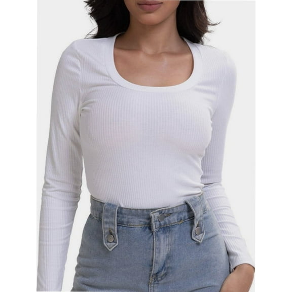Womens Long Sleeve Scoop Neck Shirts Knit Tops Slim Fitted Tees Basic Casual Fall Outfits
