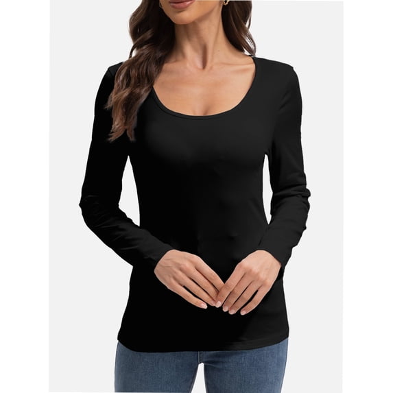 Womens Long Sleeve Scoop Neck Tops Casual Slim Fitted Basic Shirts