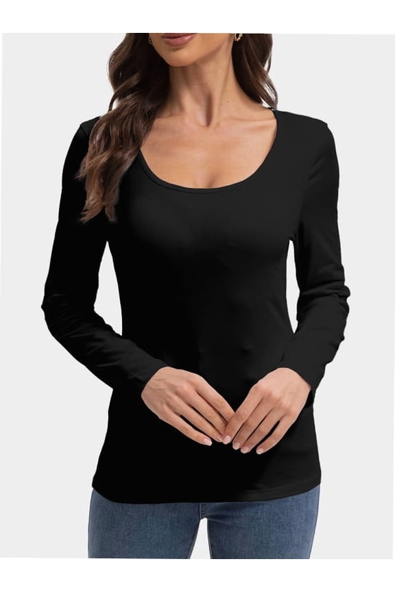 Womens Long Sleeve Scoop Neck Tops Casual Slim Fitted Basic Shirts