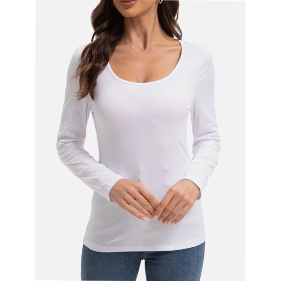 Womens Long Sleeve Scoop Neck Tops Casual Slim Fitted Basic Shirts