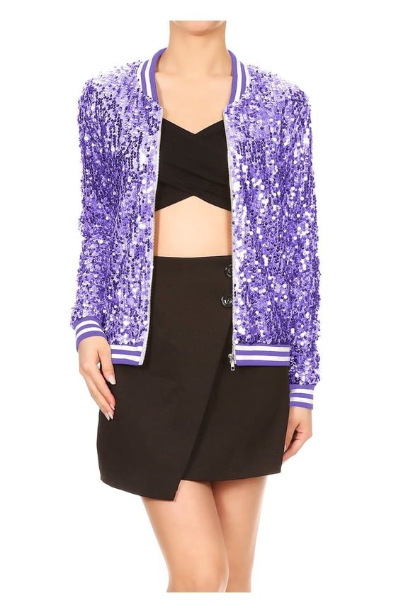 Womens Long Sleeve Sequin Front Zip Jacket Long Sleeve Ribbed Cuffs Outerwear Tops