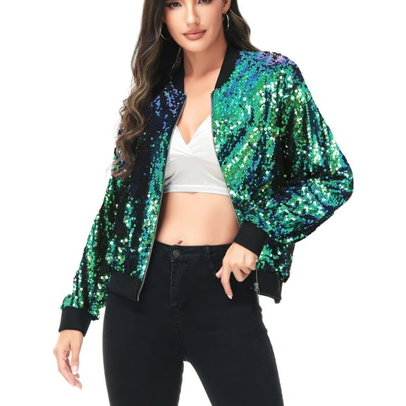 Womens Long Sleeve Sequin Front Zip Jacket Long Sleeve Ribbed Cuffs Outerwear Tops