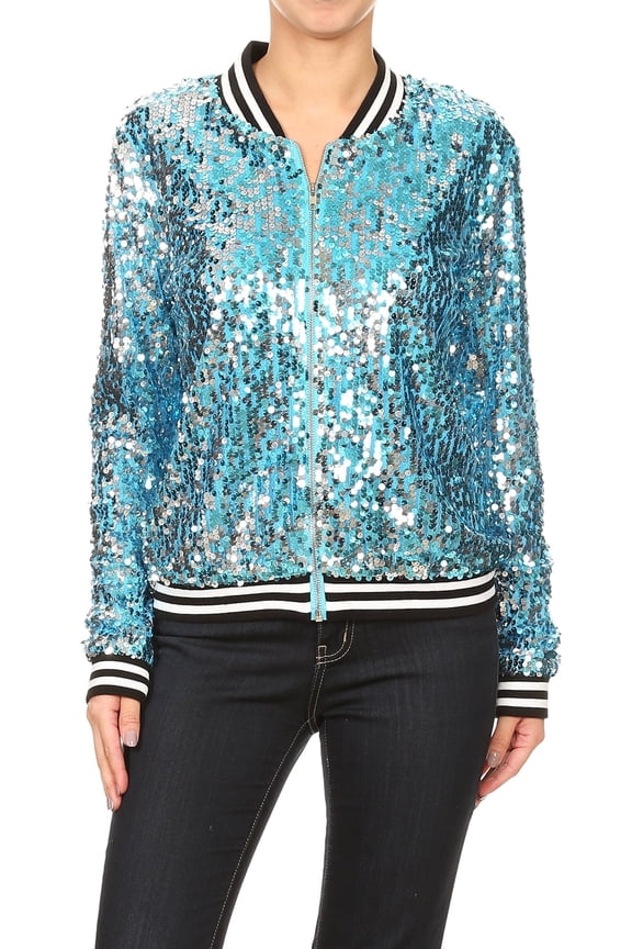 Womens Long Sleeve Sequin Front Zip Jacket Long Sleeve Ribbed Cuffs Outerwear Tops