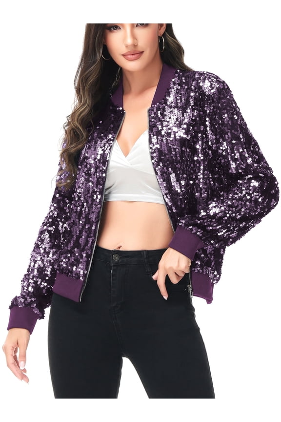 Womens Long Sleeve Sequin Front Zip Jacket Long Sleeve Ribbed Cuffs Outerwear Tops