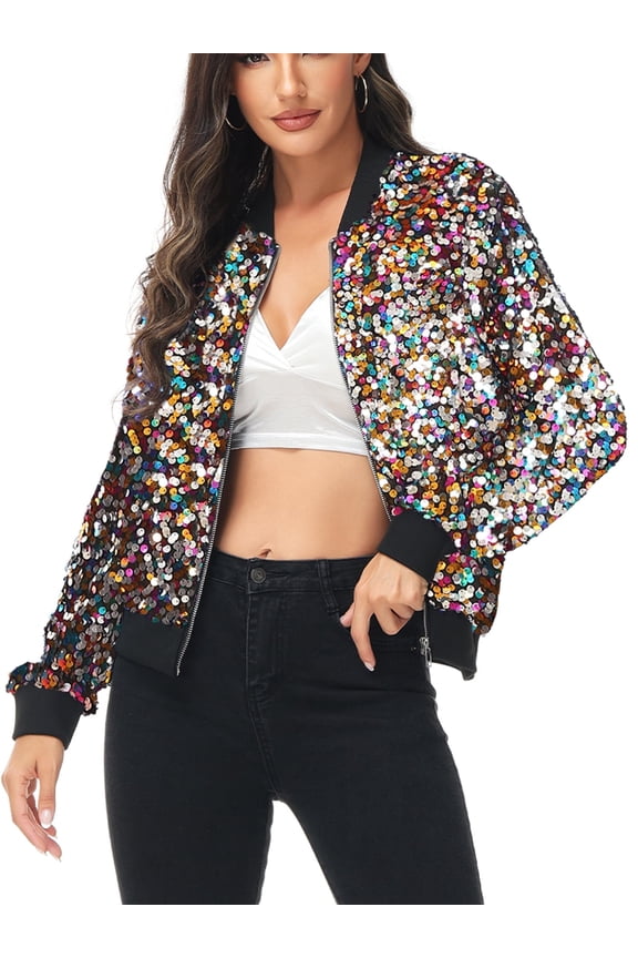 Womens Long Sleeve Sequin Front Zip Jacket Long Sleeve Ribbed Cuffs Outerwear Tops