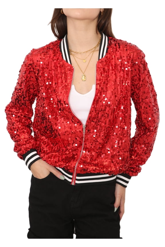 Womens Long Sleeve Sequin Front Zip Jacket Long Sleeve Ribbed Cuffs Outerwear Tops