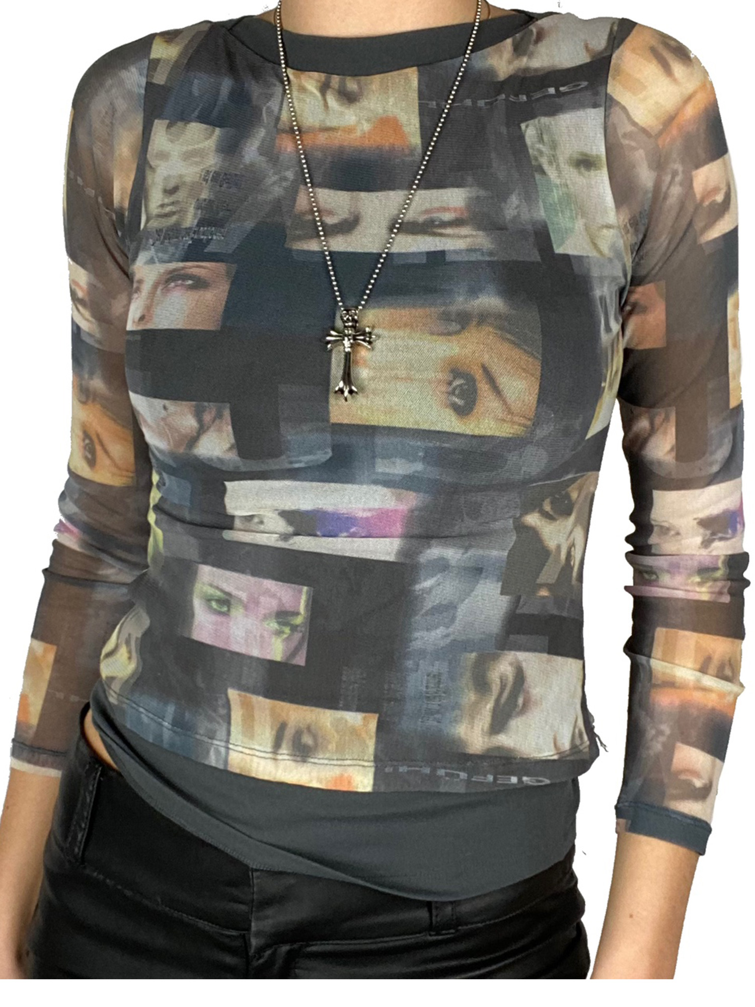 Womens Long Sleeve Sheer Mesh Shirts Crewneck Crop Tops Female Summer 2022 Fashion Streetwear